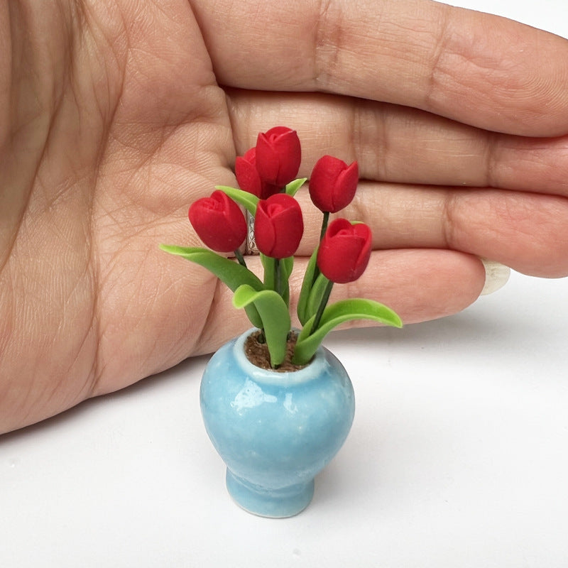 Wholesale 1:12 doll house DOLLHOUSE mini model handmade blue porcelain bottle tulip flower arrangement potted plant